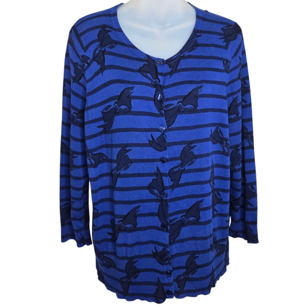 Ann Taylor‎ Womens Cardigan XL Blue Cotton Striped Bow Print Button Sweater Top